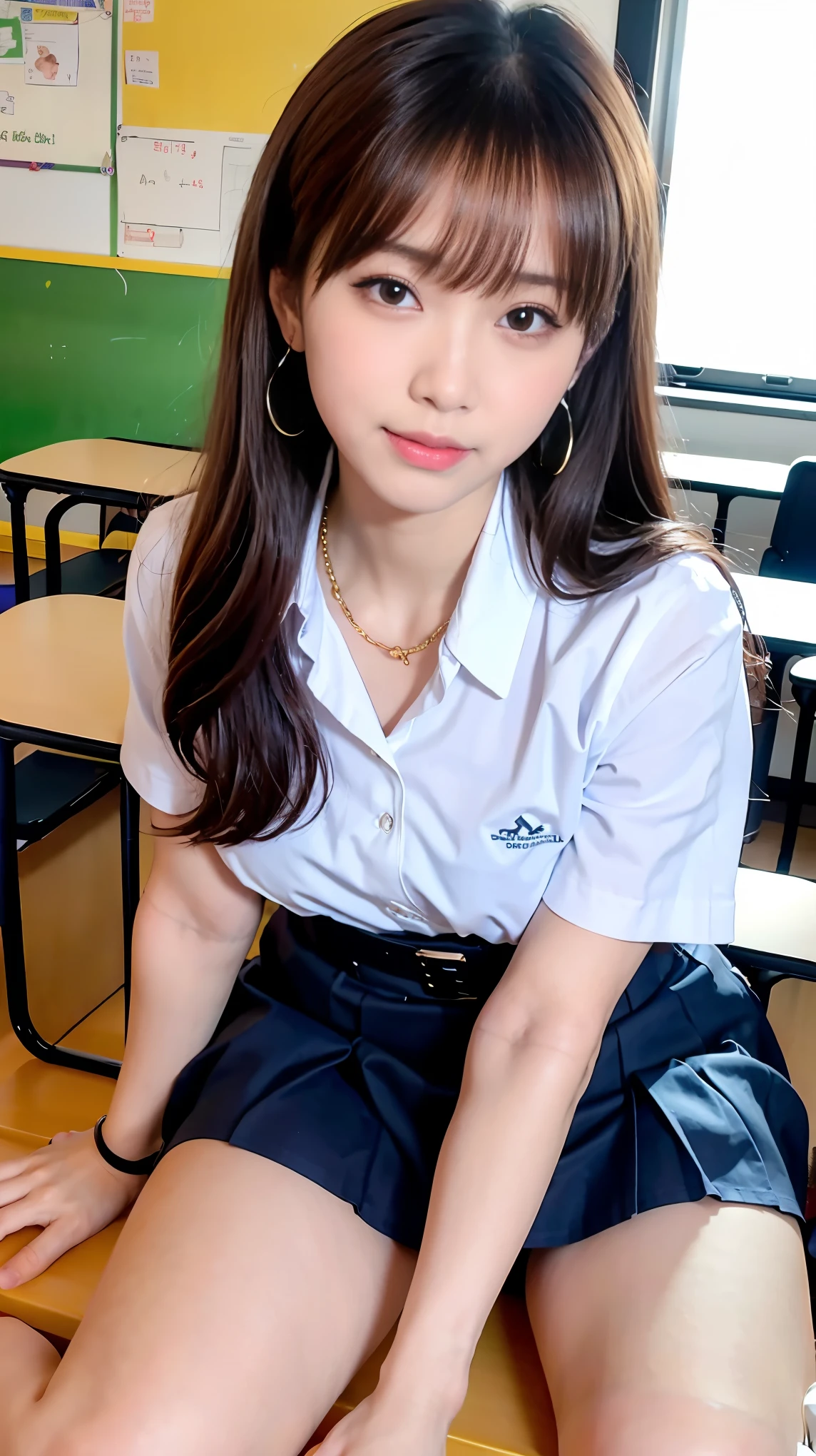 (((Masterpiece,highest quality,Ultra-high resolution,Super Detail,Extremely detailed,distinct))),((Highest quality,8k,Hyper Quality)),Japanese,High school girls,Blue color contacts,cute,sexy,glamorous,Semi-long hair that reaches the shoulders,Light brown hair(Golden mesh),Wavy Hair,necklace,Earrings,School-designated summer uniform,Open-neck blouse(Wearing clothes next to the skin),mini skirt,Bare feet and brown loafers,((She shows off her chest to the boy she likes during recess in the classroom.))
