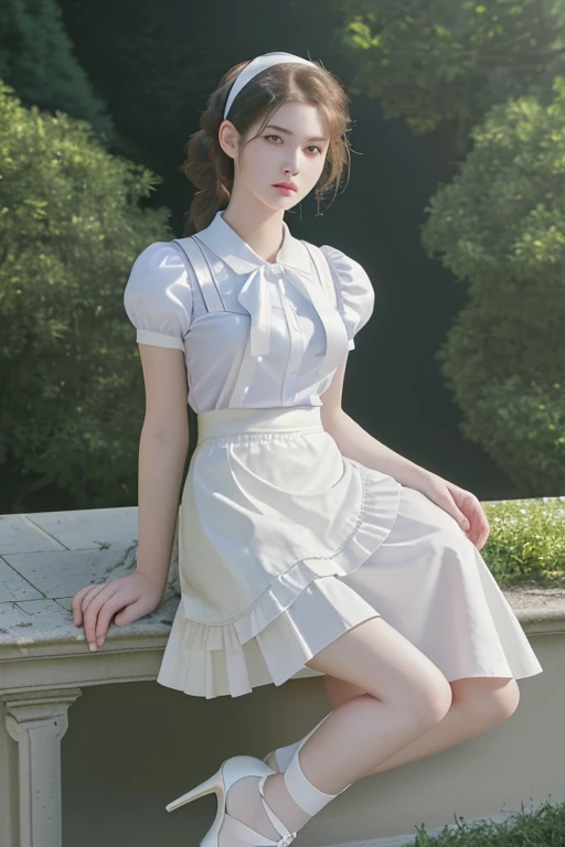 ( best quality、8k、masterpiece、Practical：1.3 )、 1 female、( A garden with a classic and famous castle as the background )、( Very high quality dark background : 1.2)、Natural bright sunlight、Blue sky、Brown hair tied up、Beautiful Women in Perfect Shape: 1.4、Highly detailed face and skin texture、Delicate eyes、double eyelids、far away : 1.2 、I can see the whole body、White maid、White maid headband、Ruffled shirt、Ribbon Tie、apron、High heel 、 ( Skirt lift show : 1.3 )