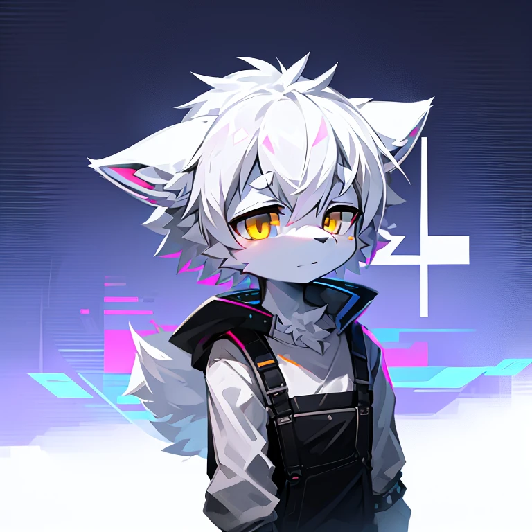 cyber punk perssonage,epcot,Tech style,solo person,White body,White ears,White hair,Overall white,Orange-yellow eyes,Wolf tail,Wolf orcs,Young,Wear a short-sleeved shirt,Ultra-clear screen,Soft lines