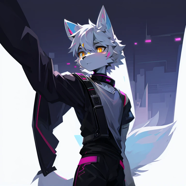 cyber punk perssonage,epcot,Tech style,solo person,White body,White ears,White hair,Overall white,Orange-yellow eyes,Wolf tail,Wolf orcs,Young,Wear a short-sleeved shirt,Ultra-clear screen,Soft lines