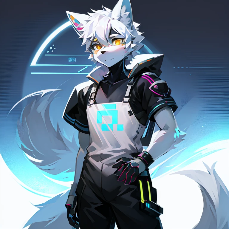 cyber punk perssonage,epcot,Tech style,solo person,White body,White ears,White hair,Overall white,Orange-yellow eyes,Wolf tail,Wolf orcs,Young,Wear a short-sleeved shirt,Ultra-clear screen,Soft lines
