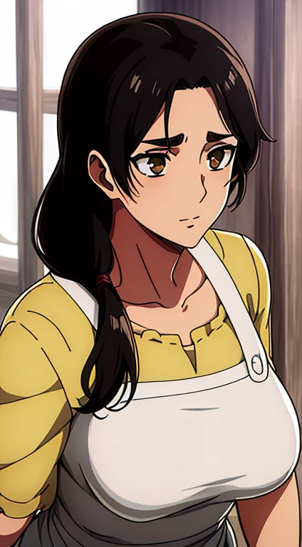 Camisa amarilla,escote, clavicle, mangas largas,Delantal blanco, cabello negro, brown eyes, flequillo, single braid, One girl, 20yo,Mujer joven,hermoso cuerpo,Hermosa nariz,Beautiful character design, ojos perfectos, Cara perfecta,ojos expresivos, Mirando al espectador,(superior_cuerpo),(primer plano),(Focus on her face), Arte Oficial, face, breasts, big breasts, armpits