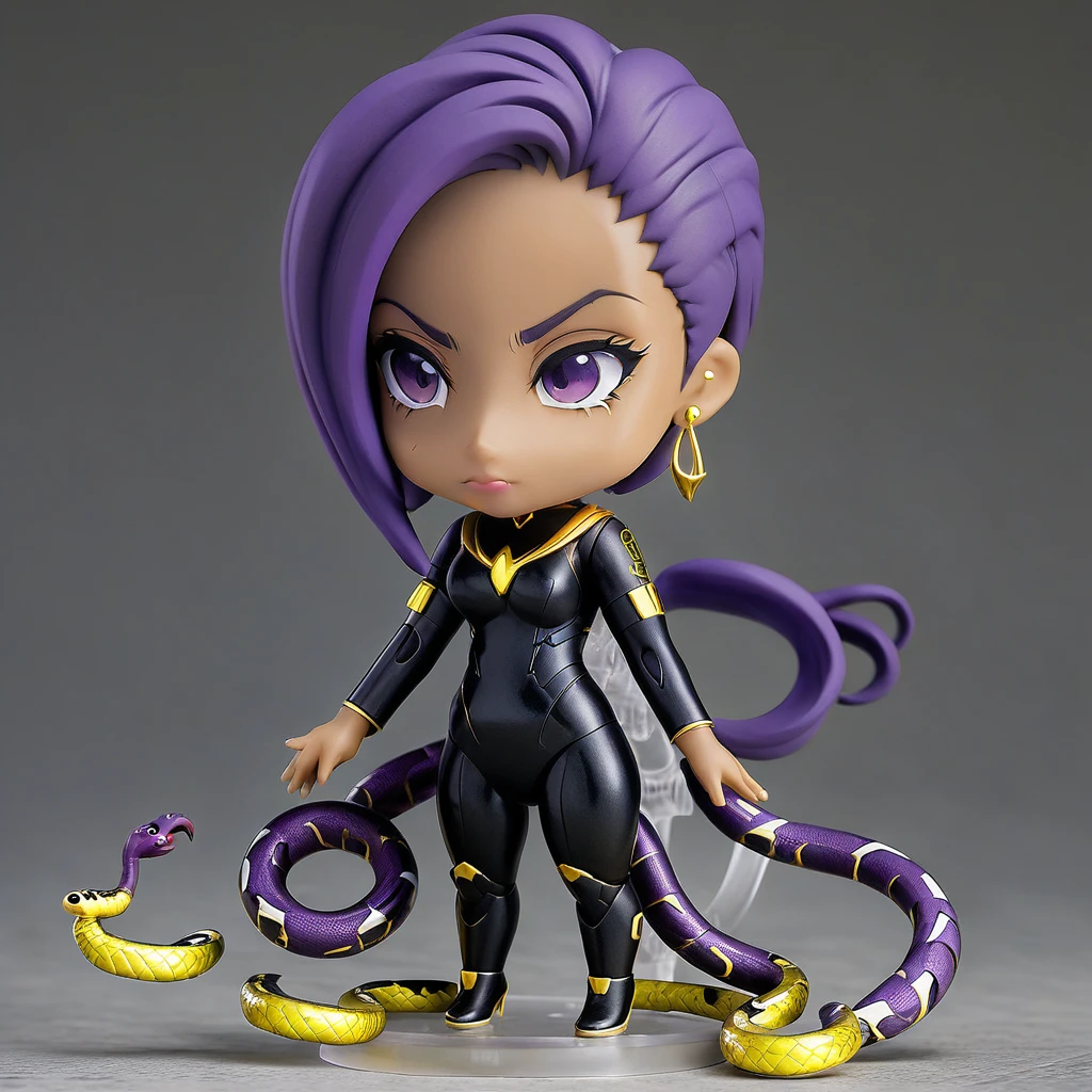 A  with pure white straight hair, Dark Skin, Latin ancestors, Purple Iris, Wearing a black tactical suit with gold thread、She wears gold earrings in the shape of snakes. Fine grain, Detailed face, Complex grunge costumes, Cinema Lighting, Realistic concept art with strong backlighting.