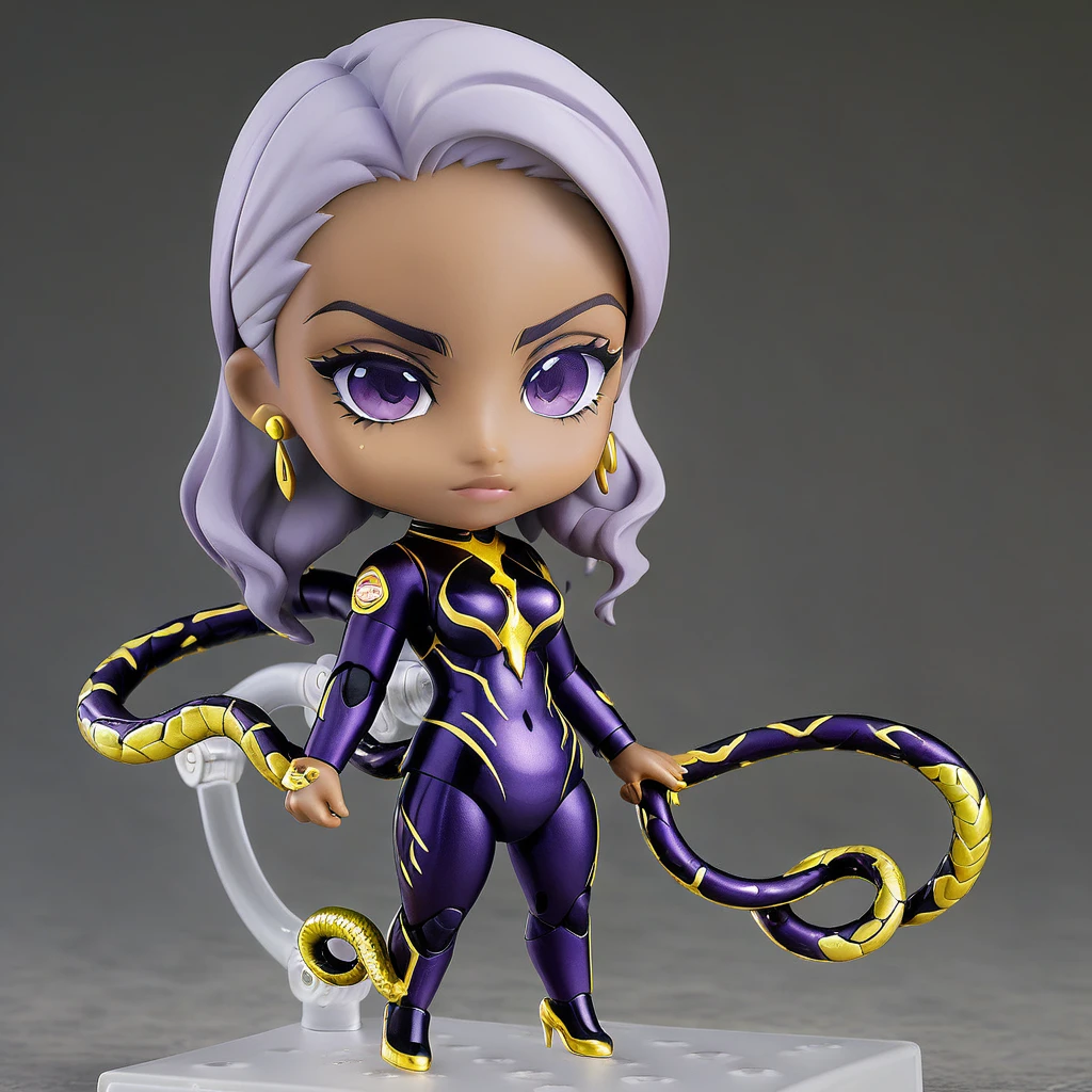 A  with pure white straight hair, Dark Skin, Latin ancestors, Purple Iris, Wearing a black tactical suit with gold thread、She wears gold earrings in the shape of snakes. Fine grain, Detailed face, Complex grunge costumes, Cinema Lighting, Realistic concept art with strong backlighting.