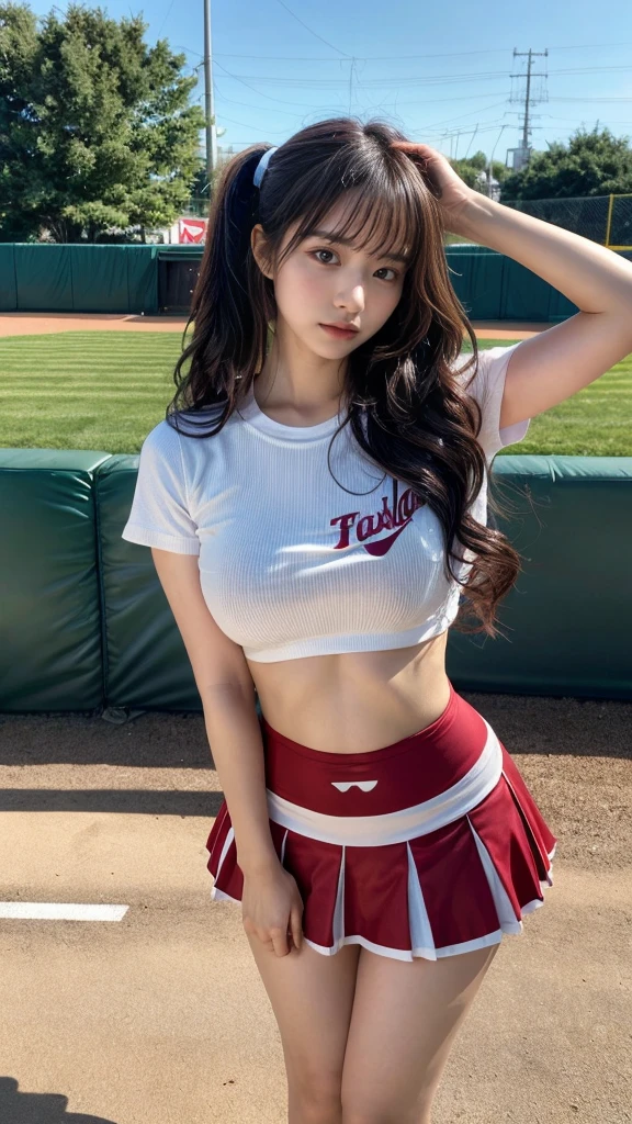 muste piece, best quality, illustration, Super detailed, fine details, High resolution, 8K,wall paper, perfect dynamic composition,(Details High quality, realistic depiction of eyes:1.3), Photo of Japanese actress in American baseball studium, ponytail, (wavy hair:1.2), night, dark, cheerleader, short skirt, huge breasts, sneaker, (wavy hair:1.2), black hair color, Big Natural Color Lip, perfect body shape, bold sexy pose, crying a little、cold gaze, Harajuku style、20 year old girl、cute type、ta、beautiful legs, full body photo、focus on crotch, hposing Gravure Idol
