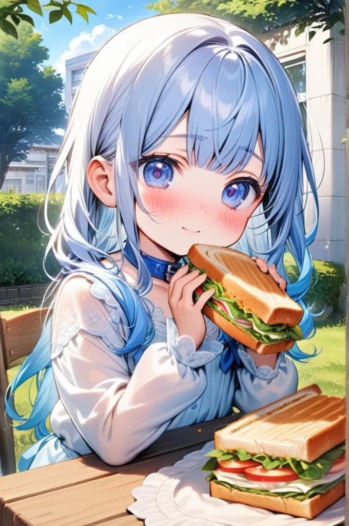 masterpiece, best quality, extremely detailed, (illustration, official art:1.1), 1 girl ,(flat chest)),(((( light blue long hair)))), light blue hair, ,10 years old, long hair ((blush)) , cute face, big eyes, masterpiece, best quality,(((((a very delicate and beautiful girl))))),Amazing,beautiful detailed eyes,blunt bangs((((little delicate girl)))),tareme(true beautiful:1.2), ,, girl,white shirt,blue collar girl,sandwich,happy,close up,nakaniwa,tree,outdoors, building, window, blue sky, grass, fence, cloud,bush,plant,table,chair,ultra-detailed,masterpiece,best quality,  