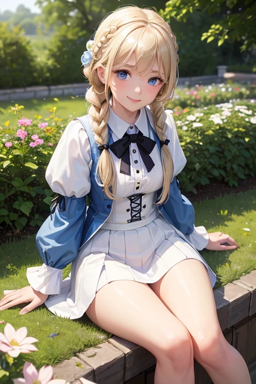 (8k, highest quality, Tabletop:1.2)、pastel colour, One 17-year-old girl, Perfect Fingers, Detailed face, smile, blue eyes, Blonde, Braid, White panties, White blouse, Black vest, garden, flower bed, Sitting on the grass