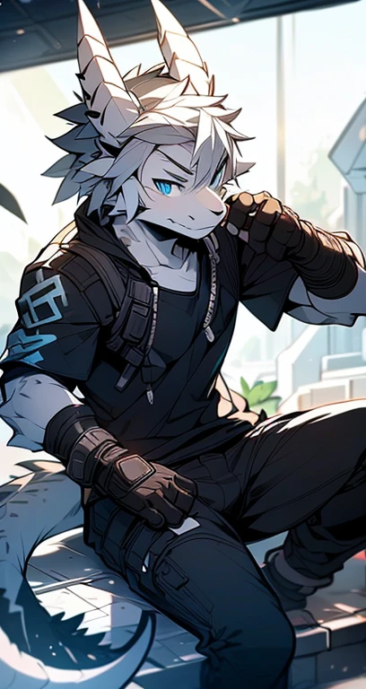 Masterpiece, Cool Pose, Furry Gray Dragon, Medium Strong Body, Blue Eyes, Grey Medium Hair, Combat Black Shirt, Combat Gloves, Combat Pants, Fierce, Good looking