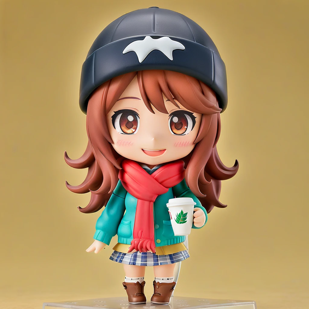 One girl, 紅leaf, bangs, Black Hat, Blurred Background, blush, Brown eyes, Brown Hair, brown scarf, brown skirt, cardigan, coffee, Cowboy Shot, cup, disposable cup, drink, 落ちleaf, Beanie, Holding, Holding drink, leaf, Long Hair, Long sleeve, View your viewers, open cardigan, Open your mouth, Plaid, Plaid skirt, puffy Long sleeve, red sweater, scarf, shirt, shirt tucked in, Side Lock, skirt, smile, alone, sweater, white shirt, Very detailed, Complex, masterpiece, Absurd