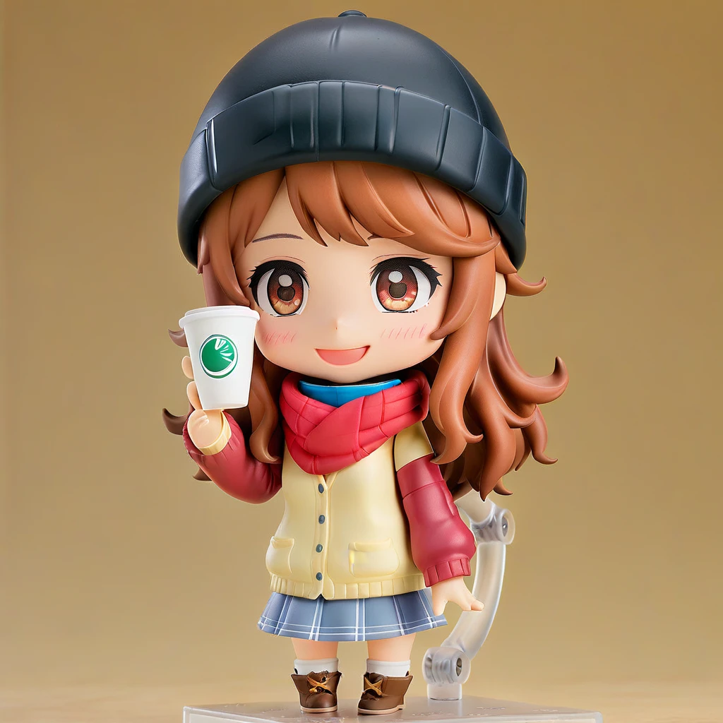 One girl, 紅leaf, bangs, Black Hat, Blurred Background, blush, Brown eyes, Brown Hair, brown scarf, brown skirt, cardigan, coffee, Cowboy Shot, cup, disposable cup, drink, 落ちleaf, Beanie, Holding, Holding drink, leaf, Long Hair, Long sleeve, View your viewers, open cardigan, Open your mouth, Plaid, Plaid skirt, puffy Long sleeve, red sweater, scarf, shirt, shirt tucked in, Side Lock, skirt, smile, alone, sweater, white shirt, Very detailed, Complex, masterpiece, Absurd