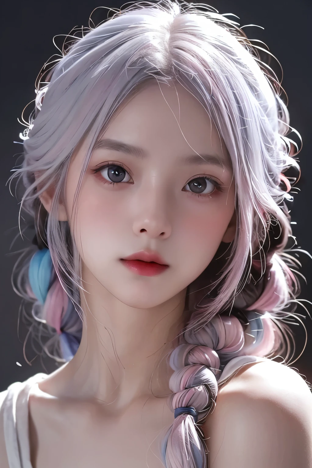 ((upper body)), 1girll,Light shines on the face, rosy lips, topknot, glowing eyes, hair bun, Surrealism, close-up, Sony FE GM, polar opposites, symmetry, UHD, masterpiece, super detail, high details, highres,pink silver hair,Small breasts,Are thin,