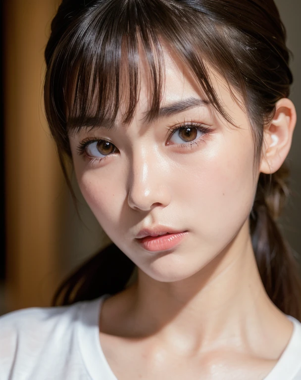 best quality, face focus, soft light, ultra high res (photorealistic:1.4), RAW photo,
1japanese girl, solo, cute, (pupil, lights in the eyes),  detailed beautiful face, (medium chest),(high-resolution detail of human skin texture),
(ponytail hair), (sidelock bangs)
indoor,
Black T-shirt,
(Portrait)
