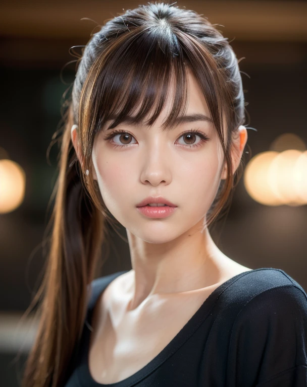 best quality, face focus, soft light, ultra high res (photorealistic:1.4), RAW photo,
1japanese girl, solo, cute, (pupil, lights in the eyes),  detailed beautiful face, (medium chest),(high-resolution detail of human skin texture),
(ponytail hair), (sidelock bangs)
indoor,
Black T-shirt,
(Portrait)