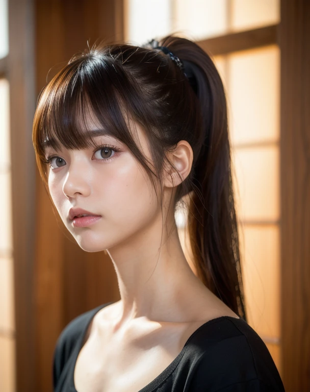 best quality, face focus, soft light, ultra high res (photorealistic:1.4), RAW photo,
1japanese girl, solo, cute, (pupil, lights in the eyes), detailed beautiful face, (medium chest),(high-resolution detail of human skin texture),
(ponytail hair), (sidelock bangs)
indoor,
Black T-shirt,
(Portrait)