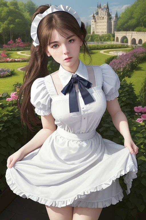 ( best quality、8k、masterpiece、Practical:1.3 )、 1 female、( A garden with a classic and famous castle as the background )、( Very high quality dark background : 1.2)、Natural bright sunlight、Blue sky、Brown hair tied up、Beautiful Women in Perfect Shape: 1.4、Highly detailed face and skin texture、Delicate eyes、double eyelids、far away : 1.2 、I can see the whole body、White maid、White maid headband、Ruffled shirt、Ribbon Tie、apron、High heel 、 ( Skirt lift show : 1.3 )