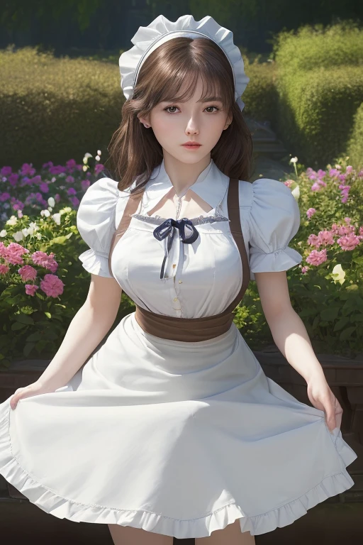 ( best quality、8k、masterpiece、Practical:1.3 )、 1 female、( A garden with a classic and famous castle as the background )、( Very high quality dark background : 1.2)、Natural bright sunlight、Blue sky、Brown hair tied up、Beautiful Women in Perfect Shape: 1.4、Highly detailed face and skin texture、Delicate eyes、double eyelids、far away : 1.2 、I can see the whole body、White maid、White maid headband、Ruffled shirt、Ribbon Tie、apron、High heel 、 ( Skirt lift show : 1.3 )