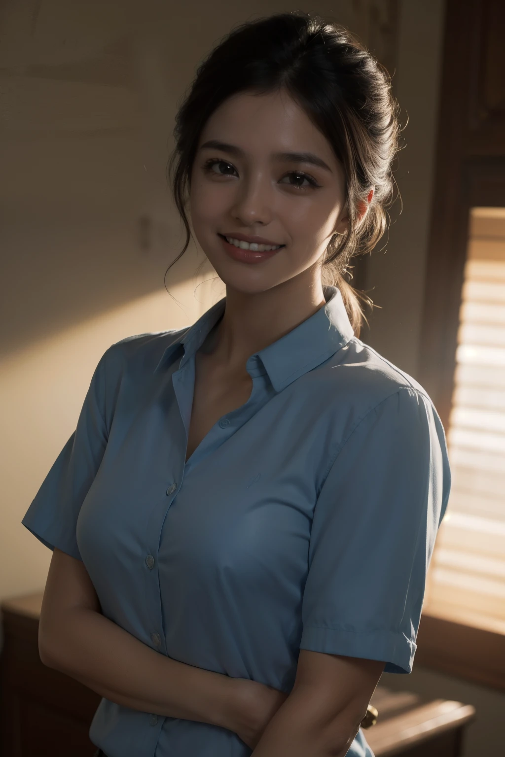 mejor calidad, Obra maestra, (fotorrealista:1.4), 1 chica, sonrisa ligera, camisa con cuello, cintura para arriba, dramatic lighting, desde abajo