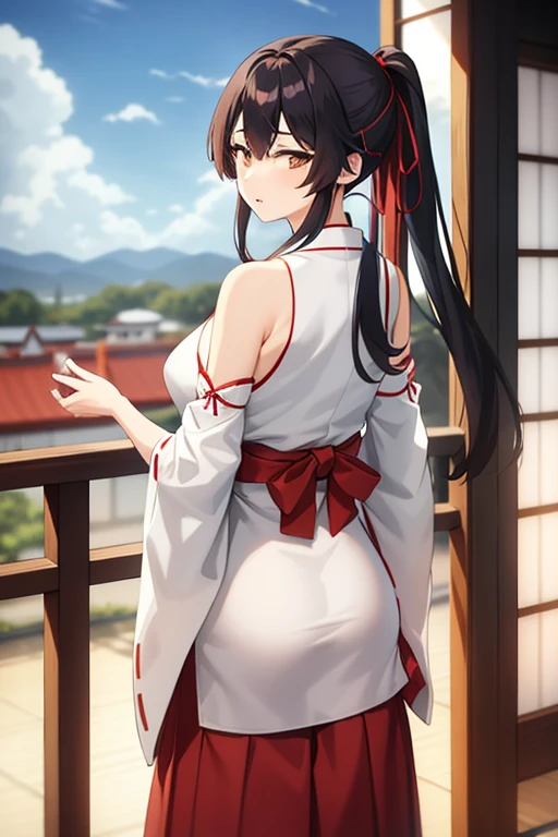 1girl, bangs, bare_shoulders, blue_sky, large breasts, brown_eyes, cloud, cloudy_sky, day, detached_sleeves, fence, hair_between_eyes, hair_ribbon, hakama, hakama_skirt, japanese_clothes, kimono, large_breasts, long_hair, looking_at_viewer, obi, railing, red_hakama, red_ribbon, ribbon, sash, shouji, sky, sliding_doors, solo, tree, veranda, white_kimono
((best quality)), ((masterpiece)), (detailed), Sagirin, back view, ass, ass shape,