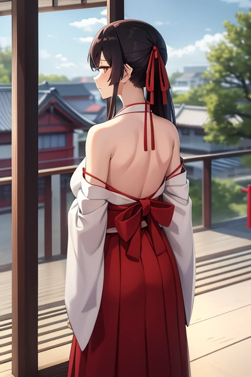 1girl, bangs, bare_shoulders, blue_sky, large breasts, brown_eyes, cloud, cloudy_sky, day, detached_sleeves, fence, hair_between_eyes, hair_ribbon, hakama, hakama_skirt, japanese_clothes, kimono, large_breasts, long_hair, looking_at_viewer, obi, railing, red_hakama, red_ribbon, ribbon, sash, shouji, sky, sliding_doors, solo, tree, veranda, white_kimono
((best quality)), ((masterpiece)), (detailed), Sagirin, back view, ass, ass shape,