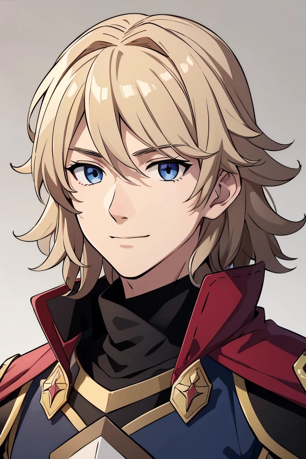 (high-quality, breathtaking),(expressive eyes, perfect face) 1boy, male, solo, portrait, young adult, age 18, Fire Emblem Awakening, Symmetrical Eyes, Fire Emblem, golden blonde hair color, short hair length, messy wavy hair, upper body, blue eyes, positive expression, charming smile, detailed eyes, blonde brown hair, narrow eyes, kind expression, benevolent prince, grey background, detailed eyes, black armor, pink trim, pink cape
