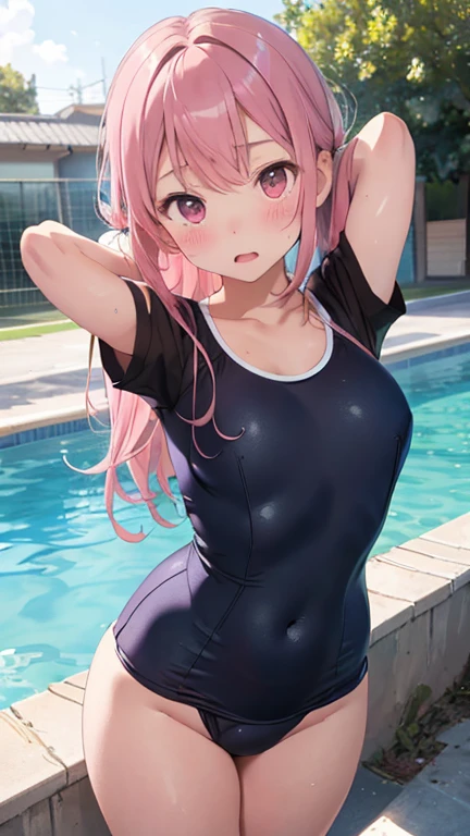 masterpiece、highest quality、Very detailed、Photograph the upper body、1 female、(Put your arms behind your back:1.4)、Are standing、Turn your body forward、View your viewers、(School Swimsuit)、break,blush、shy、Pink Hair、Open your mouth、Pool、Big Breasts、