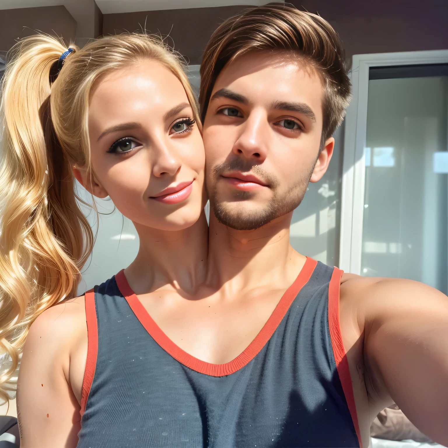 best resolution, 2 heads, two different people become conjoined, different heads, blonde hair, ponytail, eyeliner, 25 years old, cute, flirting, horny, sexy, standing in bedroom, holding phone, taking a photo,