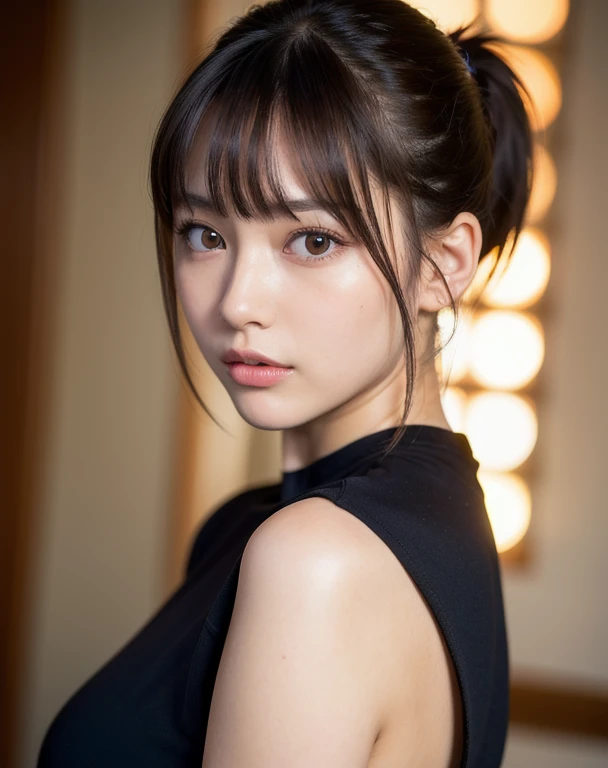 best quality, face focus, soft light, ultra high res (photorealistic:1.4), RAW photo,
1japanese girl, solo, cute, (pupil, lights in the eyes), detailed beautiful face, (medium chest),(high-resolution detail of human skin texture),
(ponytail hair), (sidelock bangs)
indoor,
Black T-shirt,
(Portrait)