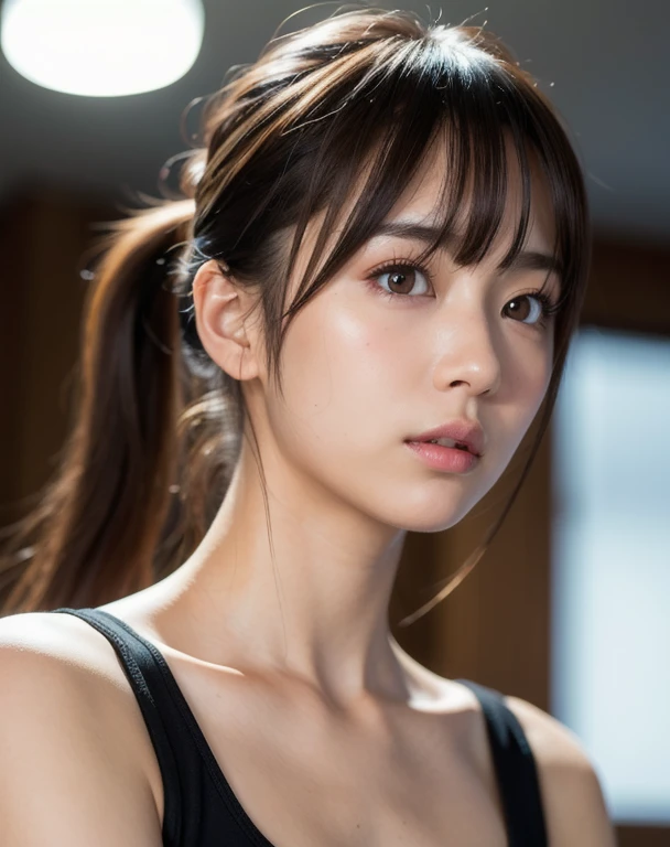 best quality, face focus, soft light, ultra high res (photorealistic:1.4), RAW photo,
1japanese girl, solo, cute, (pupil, lights in the eyes),  detailed beautiful face, (medium chest),(high-resolution detail of human skin texture),
(ponytail hair), (sidelock bangs)
indoor,
Black T-shirt,
(Portrait)