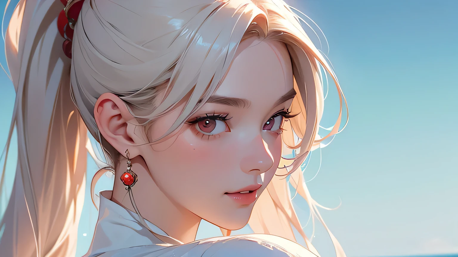 8k, highest quality, super high resolution, 2 women, ponytail and medium length, 21 years old (realism: 1.4), (Japanese famous actress: 1.2), very beautiful, cute, professional photo, very delicate and beautiful , very detailed, very detailed and beautiful girl, very detailed face, very detailed eyes, very detailed skin, very detailed fingers, very detailed nose, very detailed mouth, perfect Anatomy, realistic body, fair skin, shiny skin, slender body, good figure, look at viewer, smile , best quality, high quality, best quality, 8k, highest resolution, high resolution, highest quality, Masterpiece, human body is realistic in every detail, realistic in every detail Realistic skin, realistic face in every detail, realistic in every detail, realistic Lips reproduced in every detail, teeth reproduced in every detail, ears reproduced in every detail, every detail Hair recreated in detail, masterpiece Uta, One Piece \(series\), anime art style, masterpiece, elegant white dress, long red and white hair, one girl, alone, headphones, red eyes, looking at the audience, beautiful face, ((Detailed Face)), closed mouth, midbody, elbow sleeves, eyes visible through the hair, medium chest, V-shaped eyebrows, detailed background, outdoor, beach, sky, (super detailed), (8k, complex), (85mm), light particles, day, full body, (highly detailed:1.2), (gradient), SFW, colorful, (detailed) Background), (Rule of Thirds_Composition:1.3), (Action Policy:1.2), Sunlight, Alone, Sexy Pose