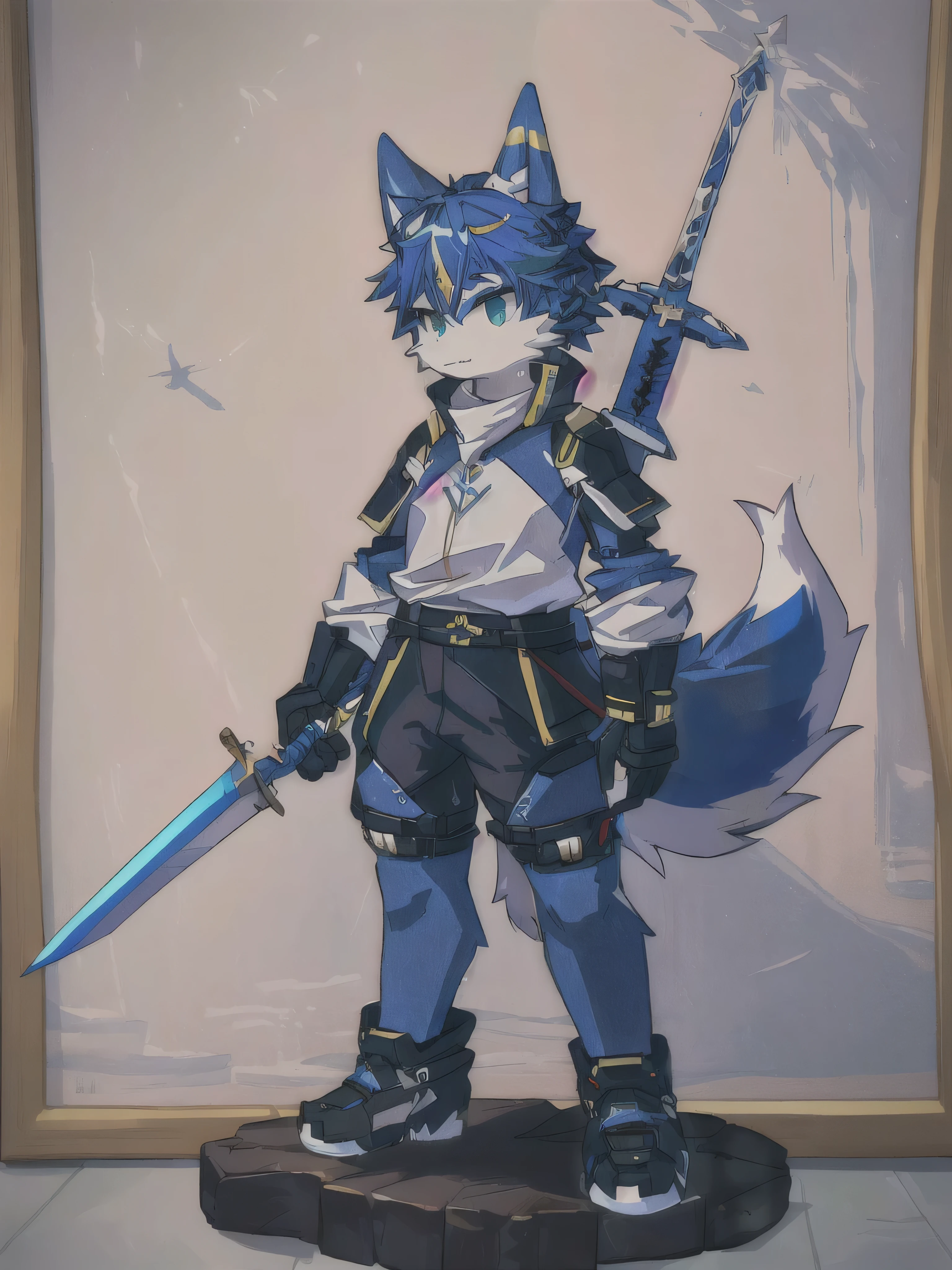 There is a painting，The painting shows a man with a sword and a wolf, Total commission, Cool Anime 8K, Full body RPG portrait, High resolution commissions, Anthropomorphic wolves, RPG portrait full body, anime style character, Short full body portrait!, fursona committee, OC Committee, The Art of Silver Fox, full body pictures