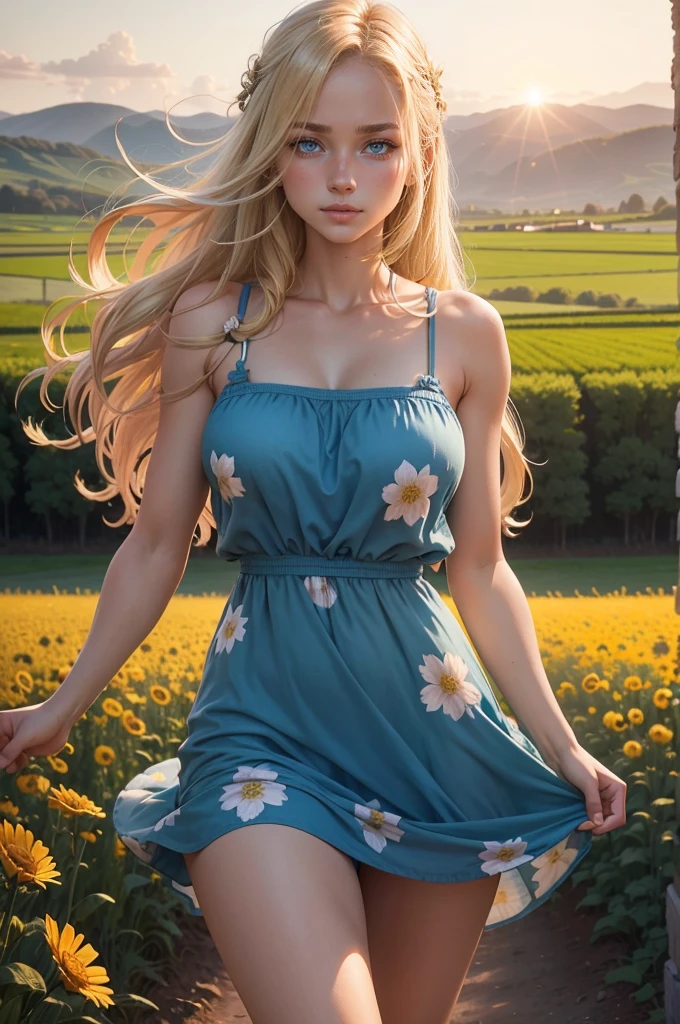 Sexy peasant girl standing peasant field, gewelltes blondes Haar, athletic and fit body, colorful blue flowered tight sundress, Pretty, Flirty, sexy, frech, posierend, hands behind your back, big with hard , Sonnenuntergang, realistisch, HDR, UHD, dynamisch