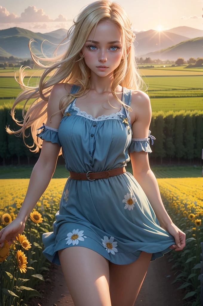 Sexy peasant girl standing peasant field, gewelltes blondes Haar, athletic and fit body, colorful blue flowered tight sundress, Pretty, Flirty, sexy, frech, posierend, hands behind your back, big with hard , Sonnenuntergang, realistisch, HDR, UHD, dynamisch