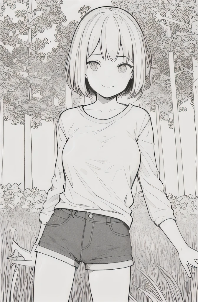 masterpiece, best quality, 1girl, 14 y.o girl, shorthair, breasts, cute eyes, white t-shirt with long sleeves, short pants, smile, forest, grass, lift both hands highly, facing front, looking at viewer, outdoors, lineart, monochrome,