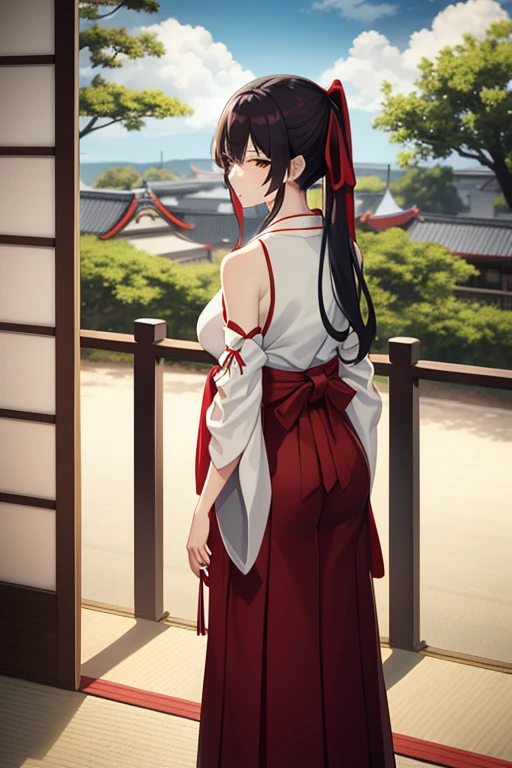 1girl, bangs, bare_shoulders, blue_sky, large breasts, brown_eyes, cloud, cloudy_sky, day, detached_sleeves, fence, hair_between_eyes, hair_ribbon, hakama, hakama_skirt, japanese_clothes, kimono, large_breasts, long_hair, looking_at_viewer, obi, railing, red_hakama, red_ribbon, ribbon, sash, shouji, sky, sliding_doors, solo, tree, veranda, white_kimono
((best quality)), ((masterpiece)), (detailed), Sagirin, back view, ass, ass shape,