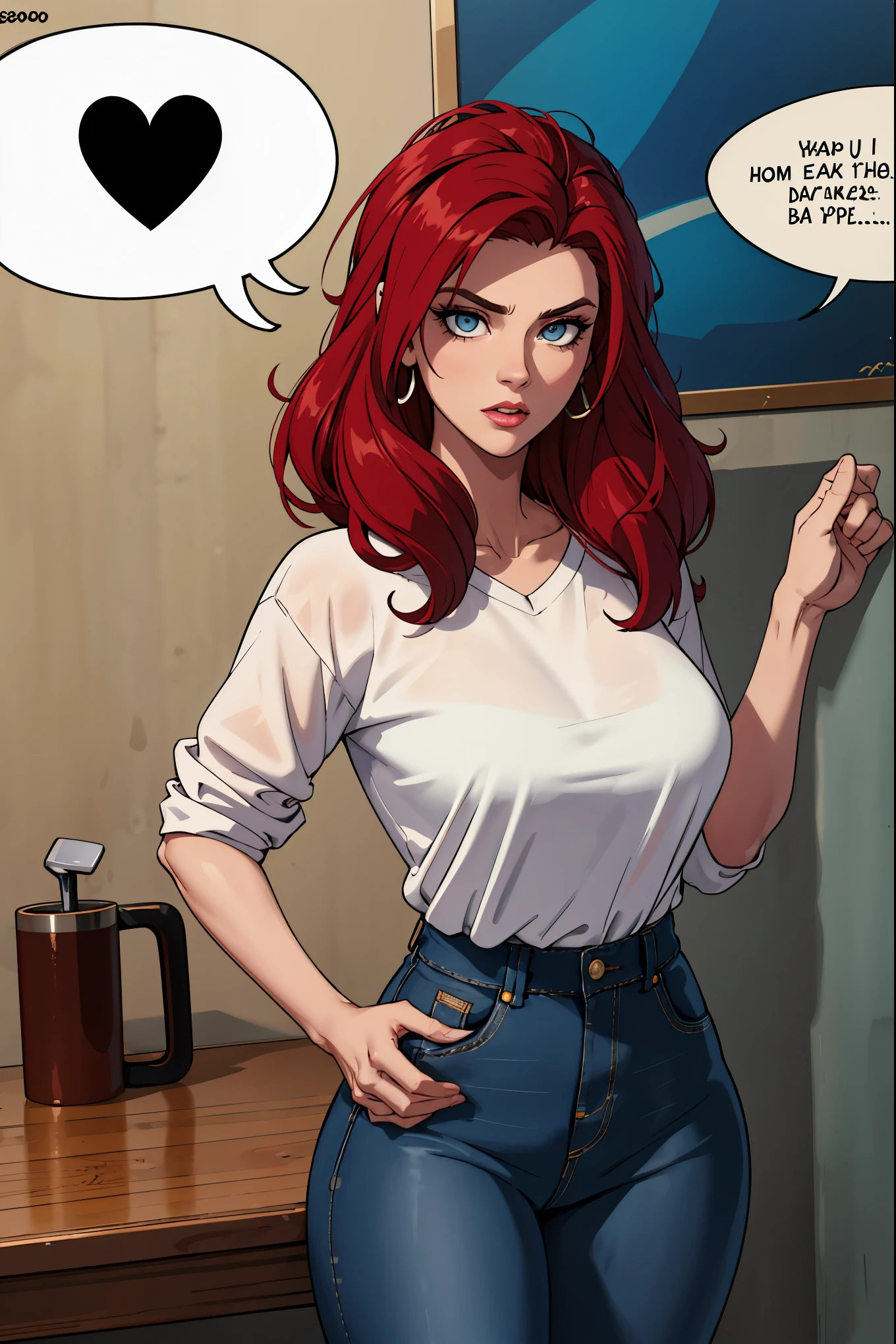 Mulher ruiva com seios grandes, rabo de cavalo, camisa vermelha, denim trousers, casual scenario she is leaning on something, a speech balloon, perfect eyes, perfect hands