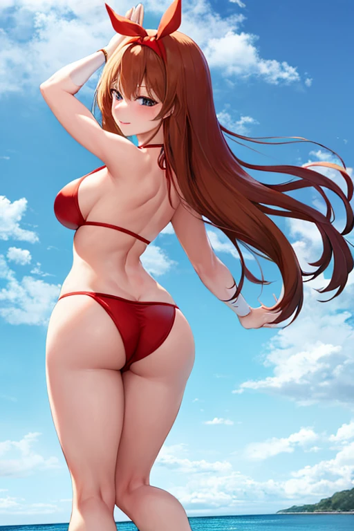 masterpiece, best quality, beautiful art, high resolution, well formed hands, body and fingers, 1 woman, solo, Yotsuba Nakano , grown up, long hair, adult, big ed, cleava ribbon, wearing a Tyris Flare outfit, full body, sexy and skimpikini, gorgeous legs and thighs , dancing seductively and erotically, turniwards and forwards, showing her back and front, showing her butt, t -back, bikini g, smiling joyfully, looking at the viewer, flirting, beach environment