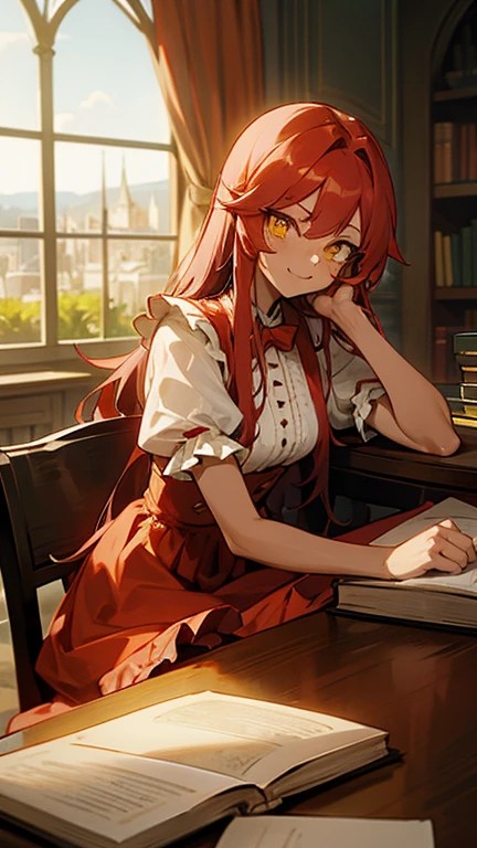 tanned skin, well-built woman, long red hair, yellow eyes, moe fang,  human,  vibrant landscape, calm pose, scarred face, frilly blouse, modest frilly dress, well-toned body, slight muscle, adult body, dominant, facial scars, indoors, castle, drinking tea, sitting at a table, muscular, books and paper on table, studying