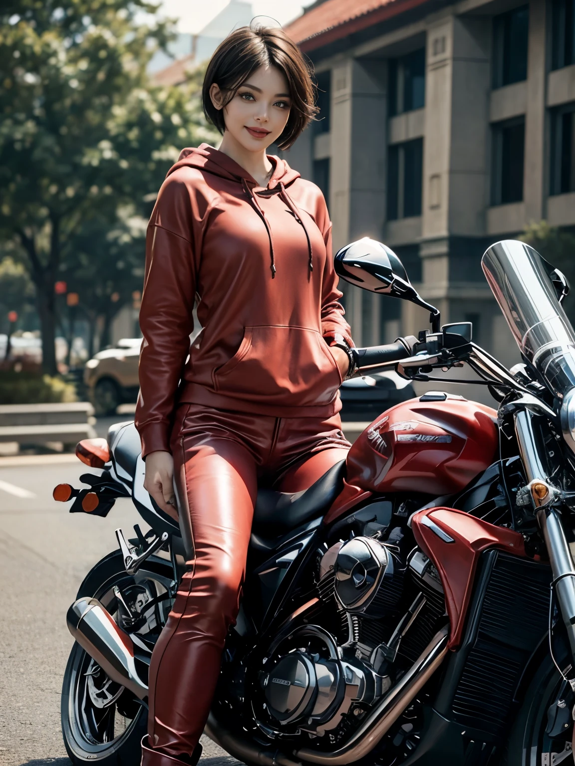 (Realistic:1.5), 8k, Ultra-high-definition beauty, 1 female, Exquisite body detailing, (highest quality: 1.0), (Extremely sharp cutting edge: 1.0), (short hair:1.4),（Beautiful and delicate depiction of eyes）,((((Riding a motorcycle)))),Unreal Engine:1.4,photoRealistic:1.4, Skin Texture:1.4, masterpiece:1.8,highest quality at best,Full Body Shot、(((Red cloth hoodie and long leather pants)))、Long limbs、smile