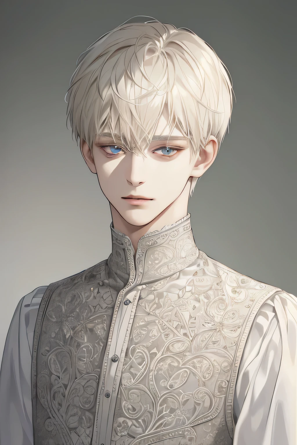 (extreamly delicate and beautiful:1.2), 8K,(masterpiece:1.0),(best_quality:1.0), 1 Boy, and intricate detailing, Enlarged textures, and intricate detailing, finely eye and detailed face, and intricate detailing, shiraga, platinum blonde short hair, (closed mouths), Perfect eyes, Equal eyes, carolina eyes (A Male god) Look at camera, with black a shirt