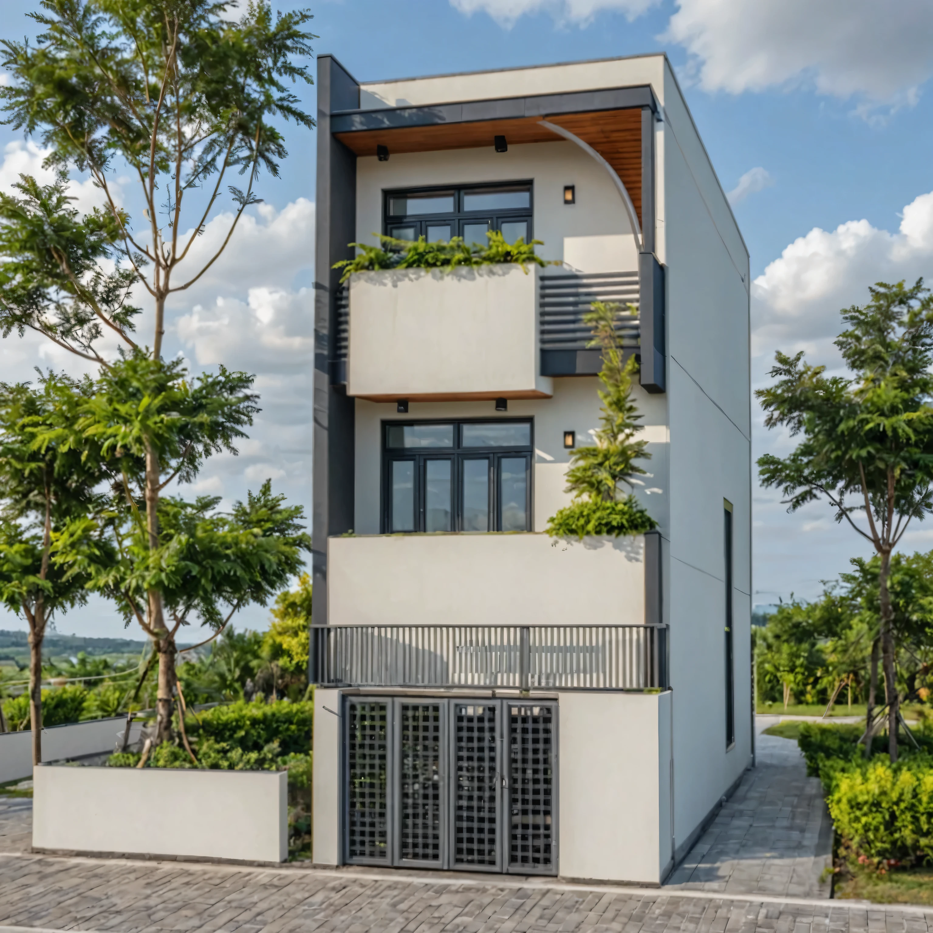 Masterpiece, high quality, best quality, authentic, super detail, outdoors, onestoreyvillaXL, aiaigroup, house style modern on the street ,stairs, white wall ,road,pavement, grass, trees, sky, cloud, (daylight:1.1)