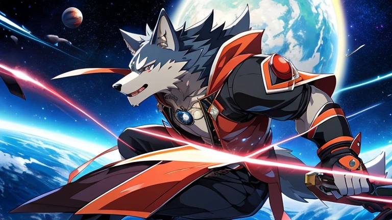 furry, male, anthro, (Wolf Tail), Solo, (Realistic eye details:1.2), (beautiful detailed eyes), anime character there is a Wolf man in a space setting with a planet in the background, dapper dream demon, best anime 4k konachan wallpaper, official artwork, gurren lagann, guilty gear strive splash art, anime style 4 k, key anime art, badass anime 8 k, high detailed official artwork, pixiv contest winner, cyber space cowboy, shigenori soejima illustration, full body like, slim body, in a panoramic view, good looking, splash art, anime style, 8k, 4k anime wallpaper, anime art wallpaper 8 k, 2 d art, 2d art, badass anime 8 k, anime art wallpaper 4k, detail art