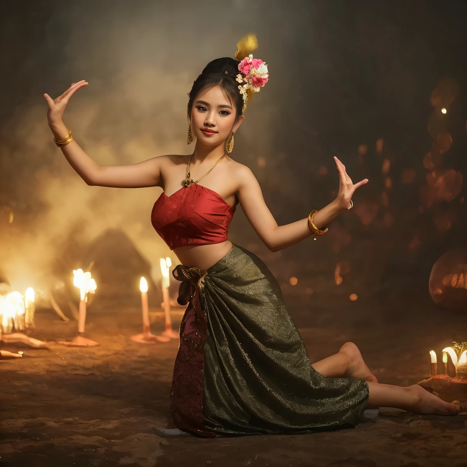 Beautiful girl wearing Thai dress dancing
