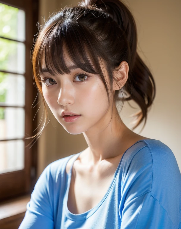 best quality, face focus, soft light, ultra high res (photorealistic:1.4), RAW photo,
1japanese girl, solo, cute, (pupil, lights in the eyes), detailed beautiful face, (medium chest),(high-resolution detail of human skin texture),
(ponytail hair), (sidelock bangs)
indoor,
Blue T-shirt,
(Portrait)