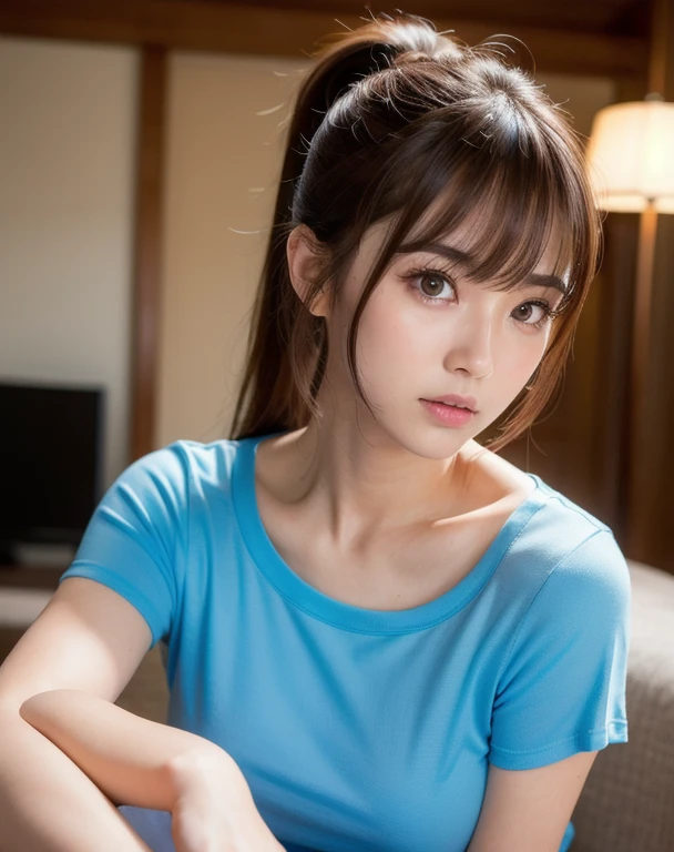 best quality, face focus, soft light, ultra high res (photorealistic:1.4), RAW photo,
1japanese girl, solo, cute, (pupil, lights in the eyes), detailed beautiful face, (medium chest),(high-resolution detail of human skin texture),
(ponytail hair), (sidelock bangs)
indoor,
Blue T-shirt,
(Portrait)