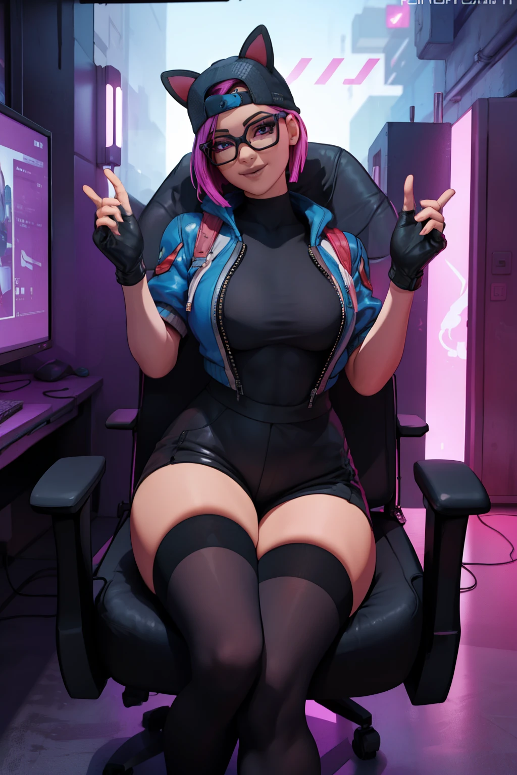 (masterpiece), (best quality),Gamer chair (solo), looking the viewer, cyberpunk, high detailed,extremely detailed,shorts,long White thigh high socks, jacket, fine eyes, smile,dynamic pose, short pink hair,cap,fingerless glove,glasses.