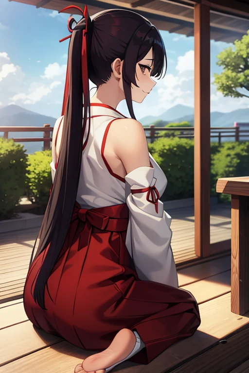 1girl, bangs, bare_shoulders, blue_sky, large breasts, brown_eyes, cloud, cloudy_sky, day, detached_sleeves, fence, hair_between_eyes, hair_ribbon, hakama, hakama_skirt, japanese_clothes, kimono, large_breasts, long_hair, looking_at_viewer, obi, railing, red_hakama, red_ribbon, ribbon, sash, shouji, sky, sliding_doors, solo, tree, veranda, white_kimono
((best quality)), ((masterpiece)), (detailed), Sagirin, back view, ass, ass shape, sitting,