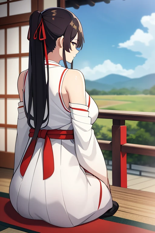 1girl, bangs, bare_shoulders, blue_sky, large breasts, brown_eyes, cloud, cloudy_sky, day, detached_sleeves, fence, hair_between_eyes, hair_ribbon, hakama, hakama_skirt, japanese_clothes, kimono, large_breasts, long_hair, looking_at_viewer, obi, railing, red_hakama, red_ribbon, ribbon, sash, shouji, sky, sliding_doors, solo, tree, veranda, white_kimono
((best quality)), ((masterpiece)), (detailed), Sagirin, back view, ass, ass shape, sitting,