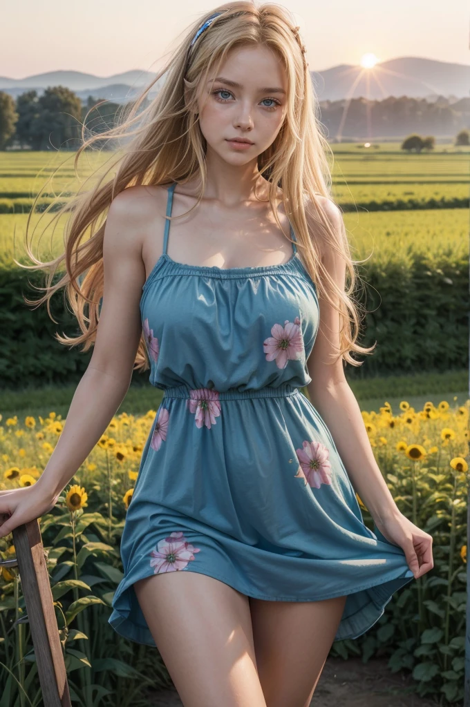 Sexy peasant girl standing peasant field, gewelltes blondes Haar, athletic and fit body, colorful blue flowered tight ????????, Pretty, Flirty, sexy, frech, posierend, hands behind your back, big with hard , Sonnenuntergang, realistisch, HDR, UHD, dynamisch