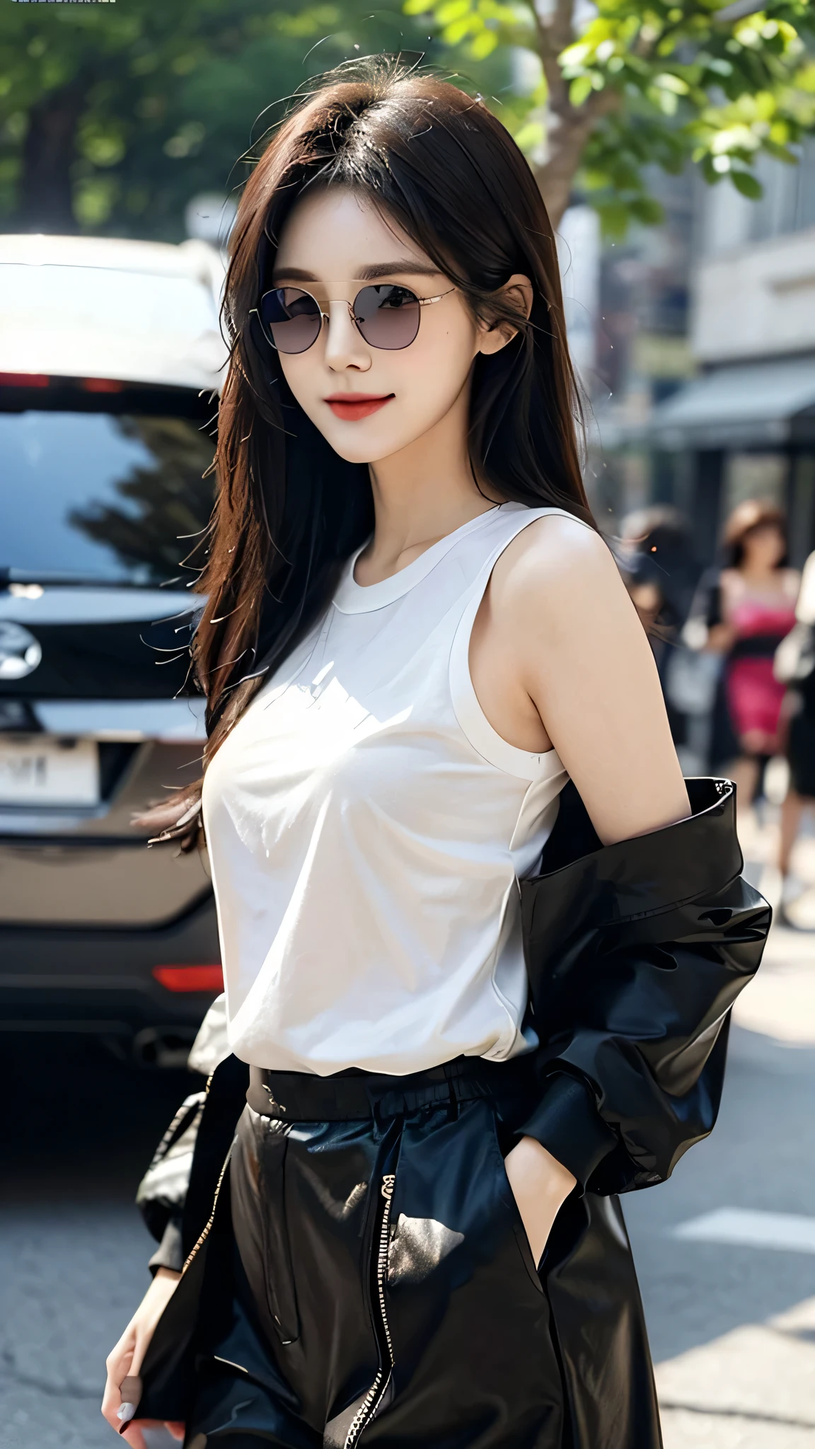 ​masterpiece、top-quality)、1 beutiful girl、Slim body、((Black and white plain clothes:1.1))、((Wearing black sunglasses )), (Detailed beautiful eyes)、Walk around the store、((Boyish Brown Medium Hair))、((Smaller face))、((Neutral face))、((Face seen from the side))、((Light brown eyes))、((Korean Girl))、((18year old))、((cool lady))、((A shy smile on his face))、((Korean Makeup))、((elongated and sharp eyes))、((Happy dating))、((looking distantly))、((boyish))、((Shot from the same height as your face))、((Shorter than viewer))、((She is running ahead of the viewer))、((Hold your mouth with your hand)), CG rendering, Blurred background, deep shadow,  16K,  Very detailed, wallpaper, depth of field, movie light, lens flare, Ray tracing.