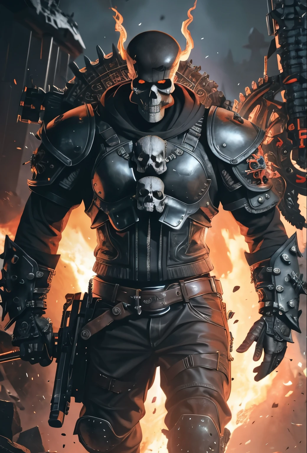 Ice and fire skull with a shield and two swords, of spiked gears of war skulls, skull design for a rock band, heavy metal tshirt design, style of hydro74, heavy metal art style, skull paint, helghast, heavy metal artwork, skull image on the vest, hq artwork, gears of death, detailed digital artwork, fantasy skull